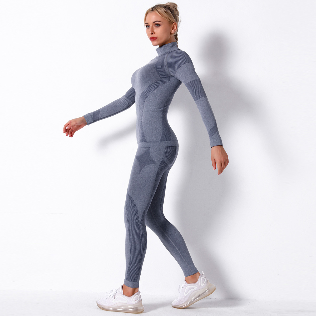 seamless knitted striped sports yoga long-sleeved two-piece suit  NSLX9020