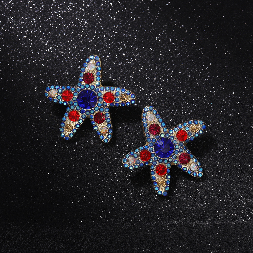 Personalized Fashion Starfish Color Diamond Wild Earrings Super Flash Five-pointed Star Shape Cute Japanese And Korean Temperament Earrings Wholesale display picture 5