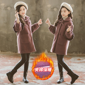 女童冬款加厚夹棉一件代发儿童花边袖呢大衣批发儿童中长款风衣潮