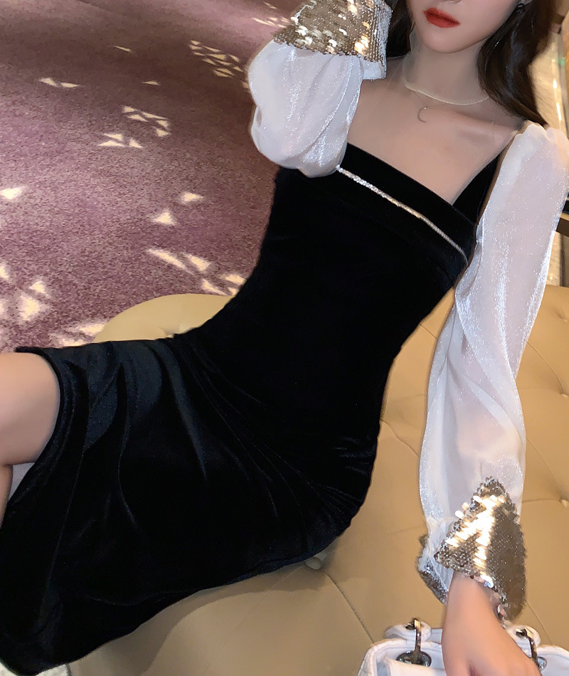 Váy nhung nữ cổ vuông ôm body xẻ tà phong cách Hepburn — Màu đen chi tiết 8