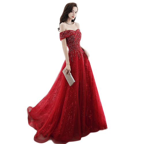 Evening dresses prom dress Vestiti da sera evening gowns one shoulder Wine Red Fairy high end heavy handmade wedding dress