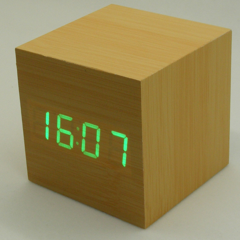 Wood alarm clock wooden clock Creative mute with night light led clock with bedside lamp home gift