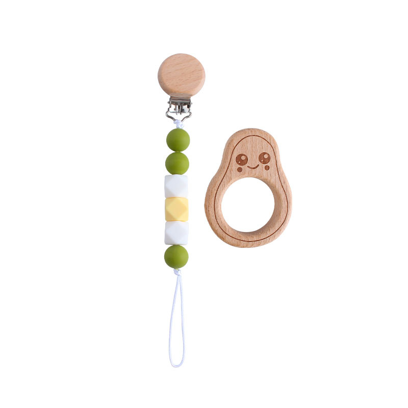 Nuevo aguacate de dibujos animados juguete de haya teether palo pezón cadena anti-gota cadena