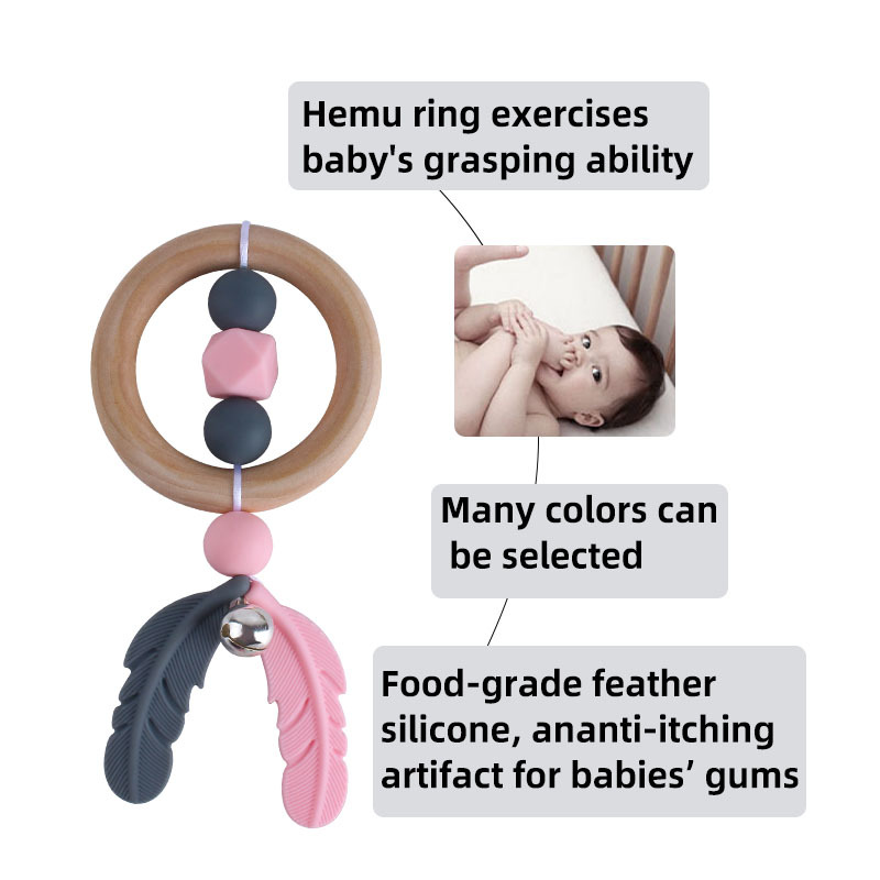 Nueva historieta DIY Hemu anillo de mano sonajero juguete mordedor infantil cuentas de plumas de silicona dientes de molienda palo