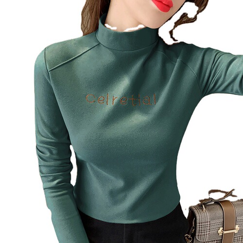 Women's winter half-length crew neck padded base layer t-shirt, versatile long-sleeved T-shirt top for autumn and winter, stylish women's top with thermal lining