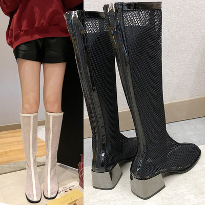 网纱镂空带跟靴子女夏季网红罗马凉靴高筒靴高帮瘦凉鞋女一件代发