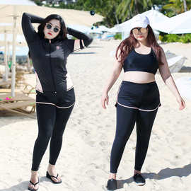 潜水服胖MM女保守加肥加大码分体长袖长裤防晒显瘦水母五件套泳衣