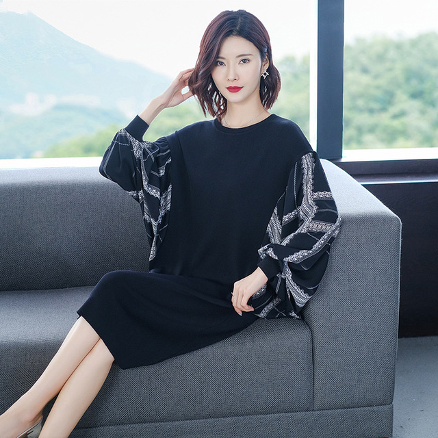 Spring women’s Chiffon panel loose wear medium length A-line skirt round neck bubble sleeve knitted dress