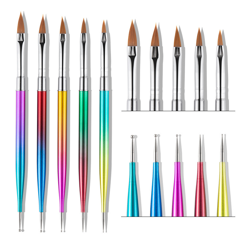 厂家直供美甲笔刷套装金属渐变笔杆彩绘笔双头点钻笔水晶笔5支装