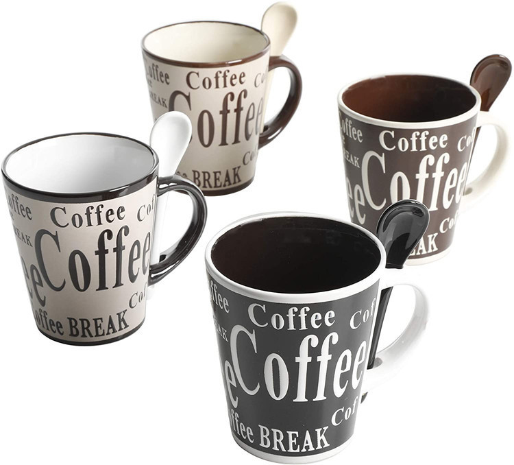 Mr. Coffee 4-piece set black and white ceramic coffee cup with spoon coffee cup set with spoon ceramic mug