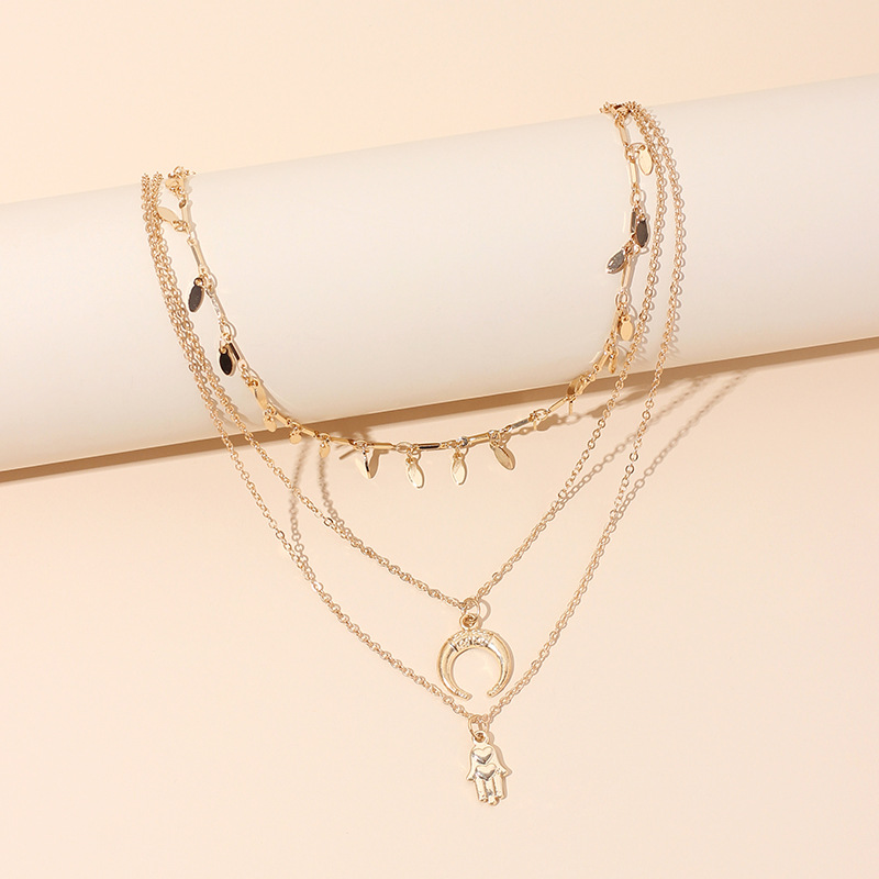 10g Weight Necklace Classification Wedding, Travel Occasion Geometric Pattern Women'S Gender Gold Color Multi-layer Crescent Palm Women's Necklace 15