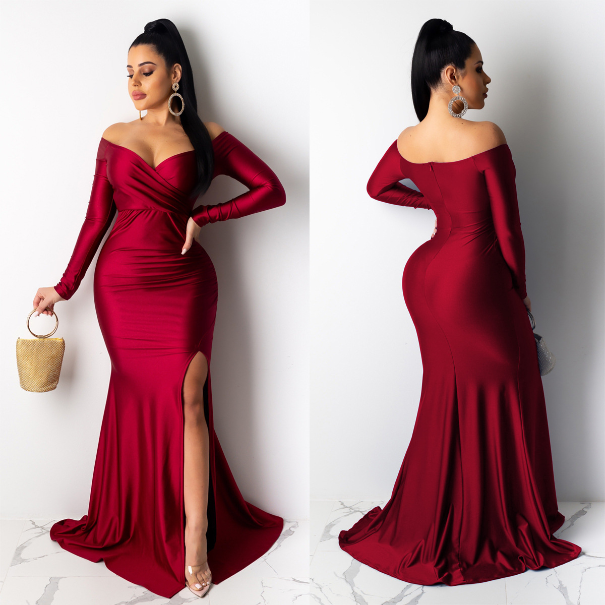 Al143 cross border European and American women's sexy dress night club V-neck gift dress solid color large split long skirt autumn and winter long sleeve Lady Dress