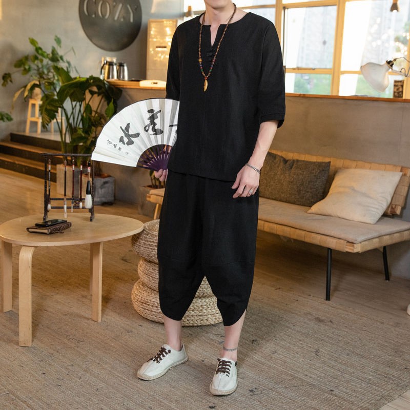 Suministro directo de fábrica 2023 traje de lino delgado de verano de los hombres sueltos más tamaño retro estilo chino algodón y lino conjunto de dos piezas