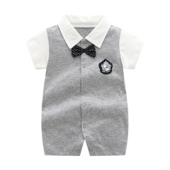 Newborn Baby Boy Summer Outfit: Short-Sleeve Hundred-Day Romper with Bow Tie—Elegant Cotton Jumpsuit Perfect for Outings