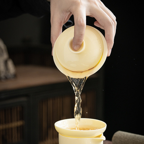 Lamplighter Jade Cover Bowl Gem Yellow Tea Set Gift Eight Cup Gongfu Ceramic Tea Set Wholesale