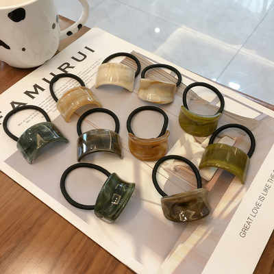 歐美跨境簡約木紋皮筋冷淡風成人亮面幾何弧形高彈力後腦勺女頭繩