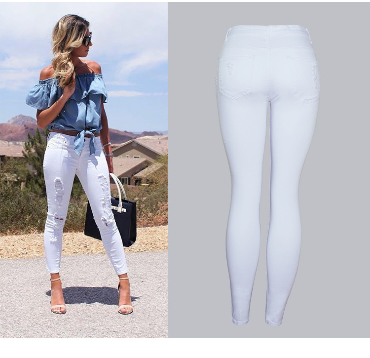 Women's Popular Slim Solid Color White Ripped Pencil Pants High Waist Slim Pencil Pants