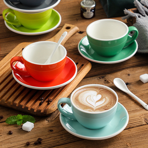 彩色陶瓷咖啡杯套装卡布杯拿铁杯拉花杯白边300ml 欧式定制logo