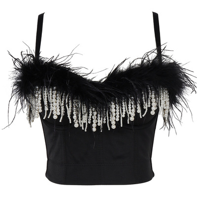 Feather bra, sexy back, one shoulder sling, pearl tassel wrapped chest