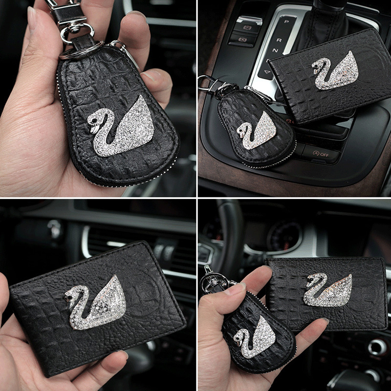 Swan Lady's Driver's License Rhinestone Car Driver's License Driving License Bag Document Leather Case Clip Key Case Case