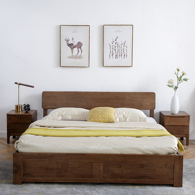 北歐簡約實木高箱床1.2米1.5米1.8米多選 臥室雙人床胡桃色