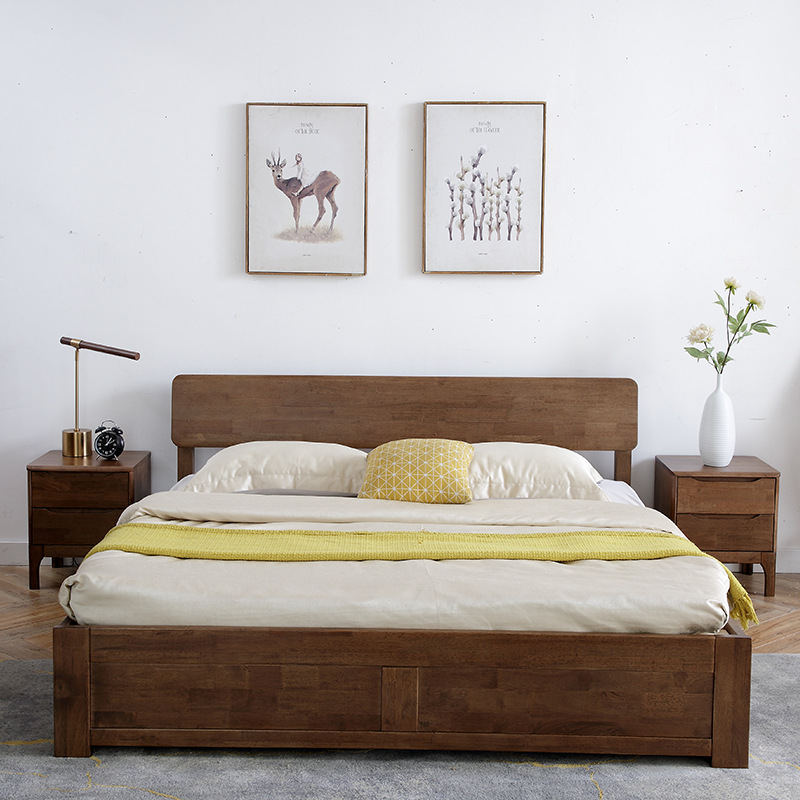 北歐簡約實木高箱床1.2米1.5米1.8米多選 臥室雙人床胡桃色