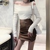 Plain collar knitted bottomed Top + PU high waisted slim skirt