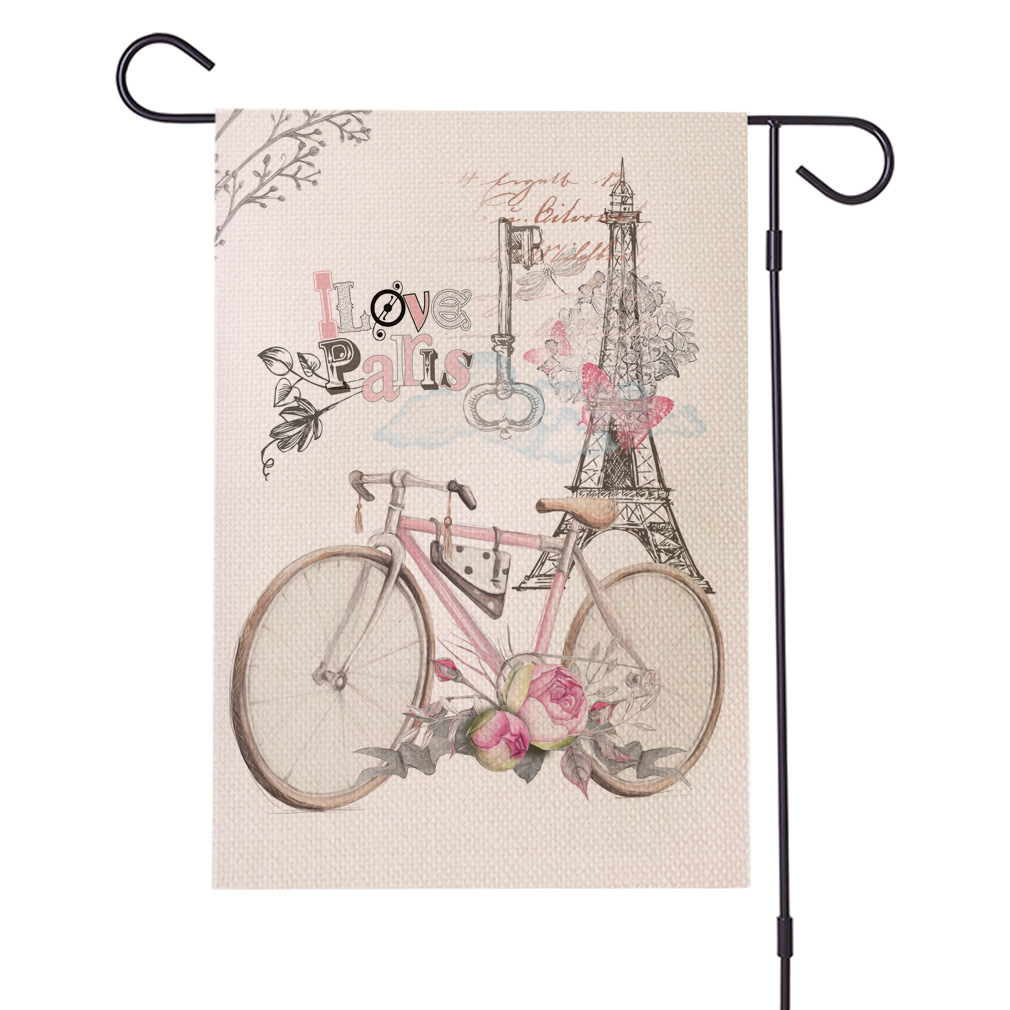 跨境热销 温馨单车系列水亚麻花园旗 双面庭院节日旗 支持定制