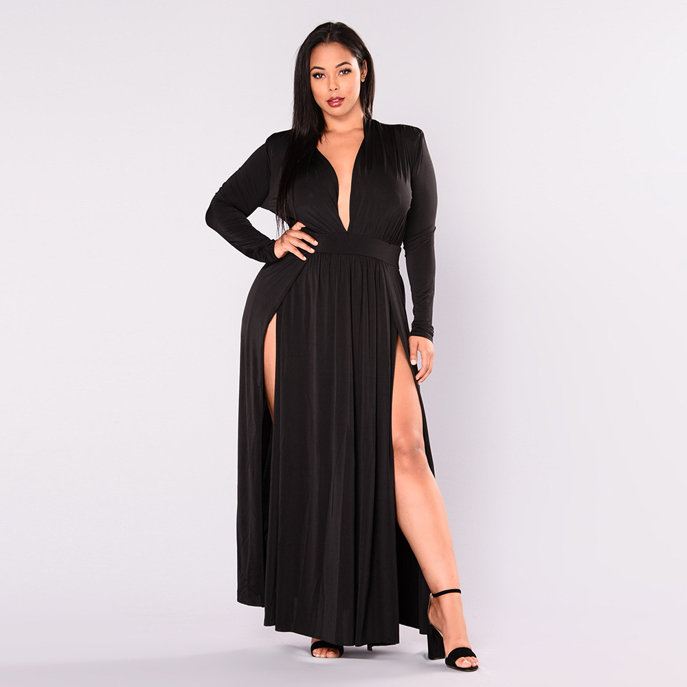 Sexy Black Deep V Long-Sleeved High Slip Banquet Dress NSFDD96593