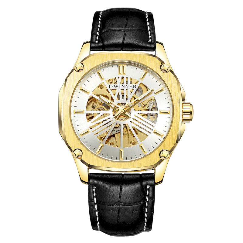 Ganador reloj mecánico automático para hombres moda hueco transparente volante correa de cuero reloj mecánico 8182