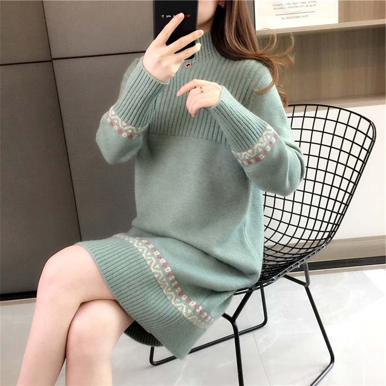 Vestido suéter de longitud media para otoño e invierno, camisa básica para mujer, nuevo estilo coreano, holgado, con cuello medio alto, a rayas, de punto, con mangas largas.
