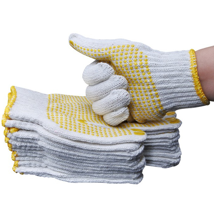 黄点黄边点塑手套600G十针毛纺点胶劳保防护工作棉纱手套批发