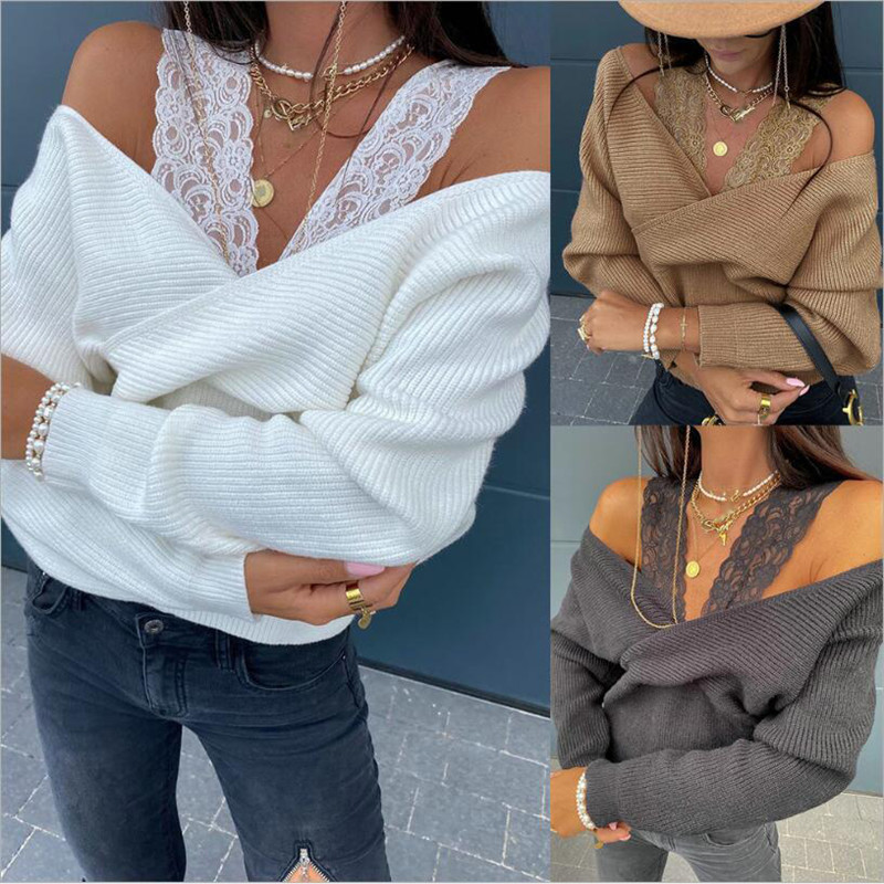 European and American LAZADA autumn top sexy solid color lace strap off-the-shoulder long sleeve top