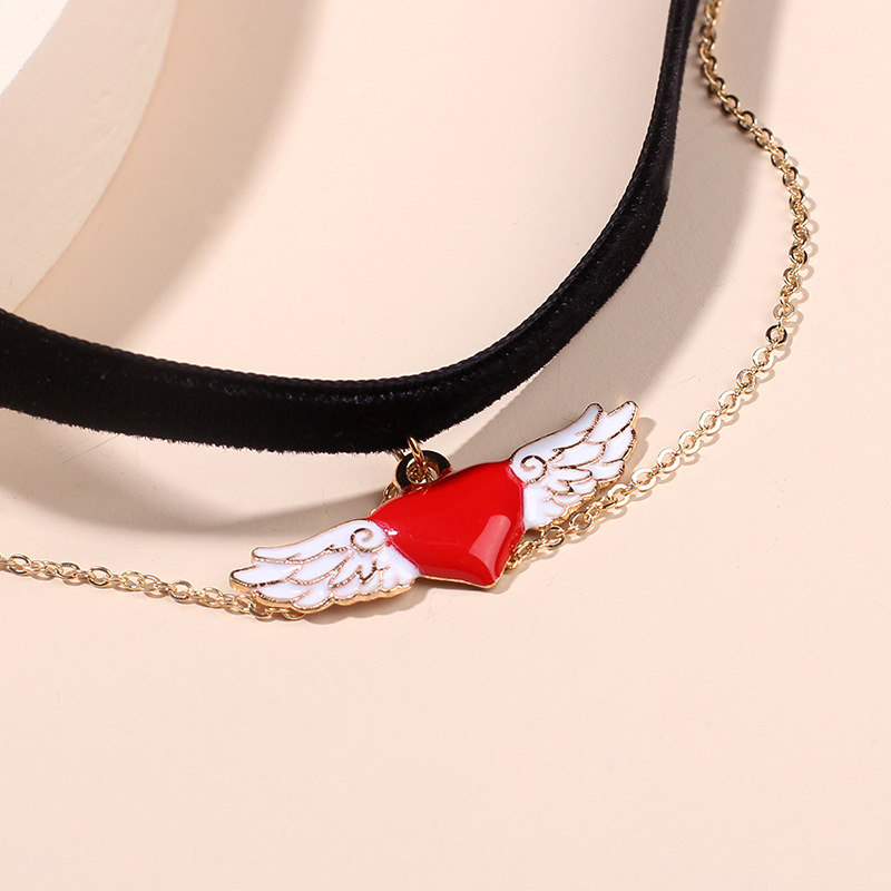 Double-layer Fashion Love Wings Chocker Necklace Heart-shaped Short Clavicle Chain Jewelry Wholesale Nihaojewelry display picture 6