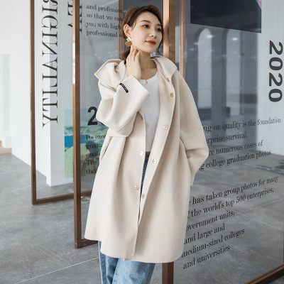 Direct seeding supply new pattern Women's wear Wool coat Solid Hooded woolen overcoat Sided woolen Cap The secret