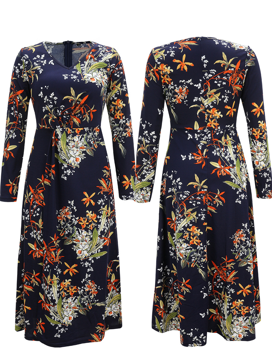 ladies V-neck printed long-sleeved dress NSAL2596