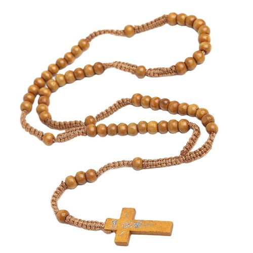 2pcs Natural Wood Beads Christian Rosary Necklace for unisex Hand Woven Cross praying Necklace Jesus Religious Jewelry