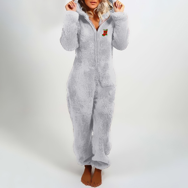 hooded long sleeve warm solid color plus velvet thick fur one-piece pajamas NSZXS139340