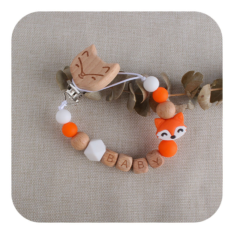 Bebé haya zorro chupete clip de juguete de dibujos animados bebé nombre silicona pequeño zorro mordedor chupete cadena