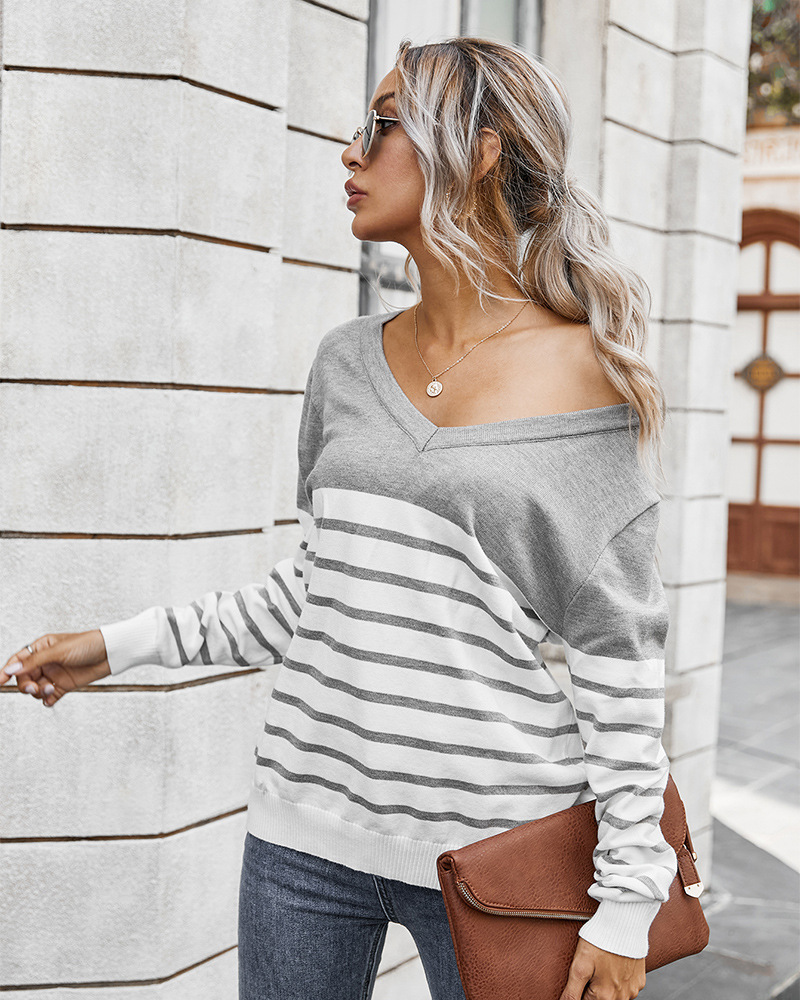 autumn and winter classic V-neck striped color-blocking sweater  NSDY34901