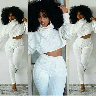 2020年欧美时尚两件套 大辫子条纹白色堆领休闲连体套装|ru