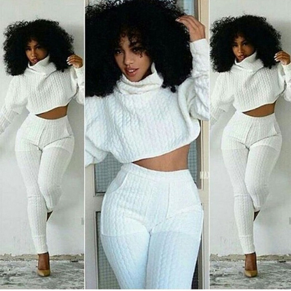 2020年欧美时尚两件套 大辫子条纹白色堆领休闲连体套装|ru