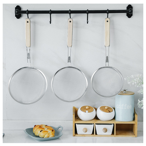 201 stainless steel colander with wooden handle, punched oil grid, 40 mesh flour sieve, baking tool, kitchen dumpling filter