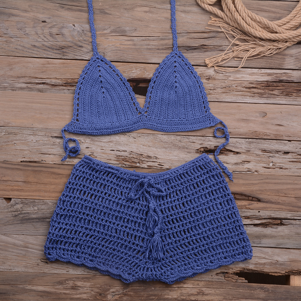 sexy solid color hollow knitted bikini two-piece set nihaostyles wholesale clothing NSYZT95152