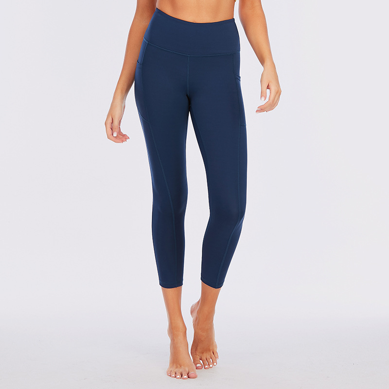 2022 New Blue Naked Feeling Brushed Peach Butt Yoga Pants High Waist Tummy Control Butt Lifting Fitness Pants for Women with Pockets