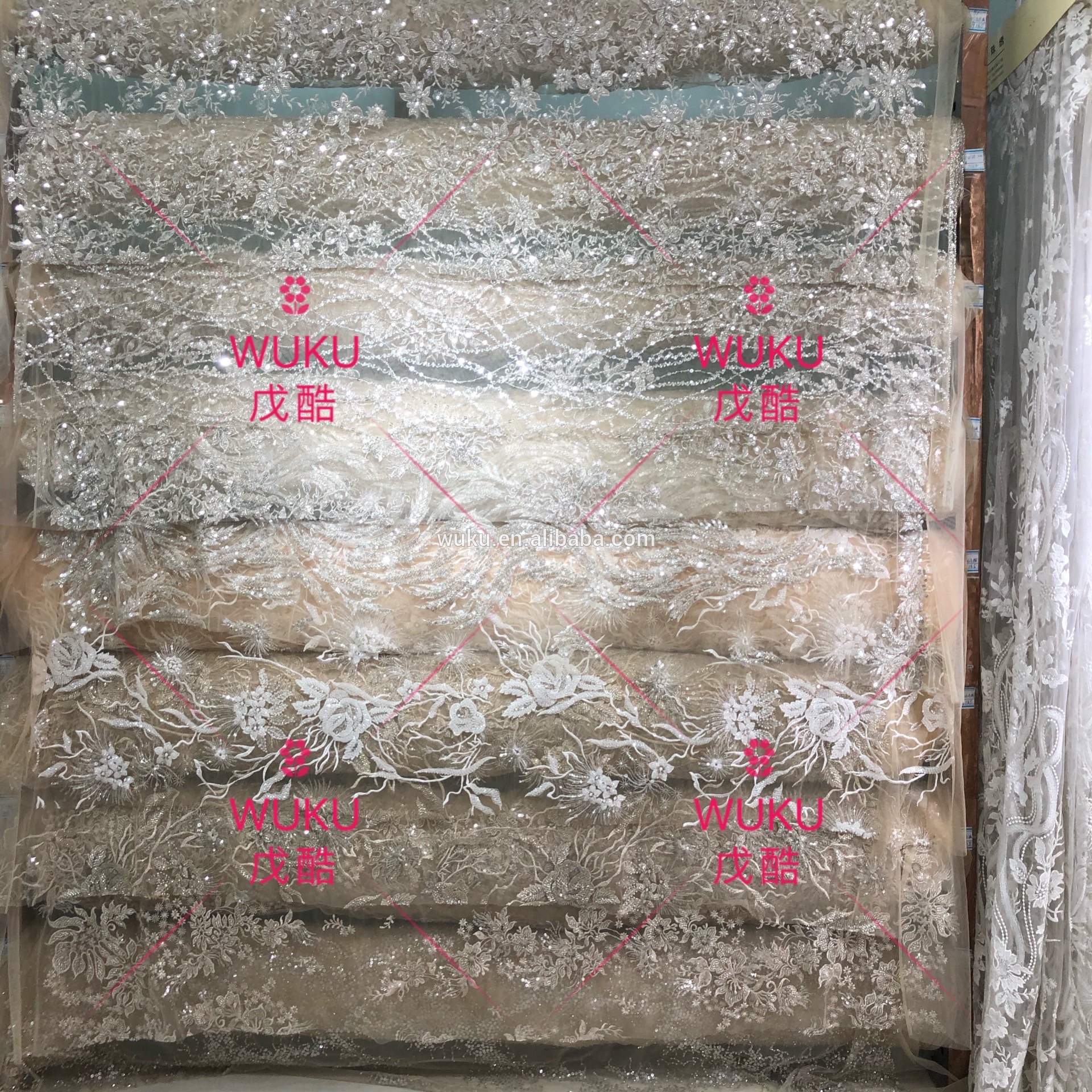 戊酷 高品质婚纱礼服香槟色蕾丝面料 钉珠亮片花卉蕾丝珠绣BD-179