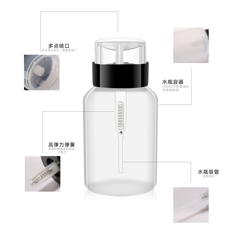 Suministros de uñas al por mayor removedor de esmalte de uñas sub-botella 200ml con botella de prensa de bloqueo botella de agua de desinfección de alcohol