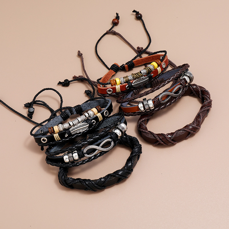 hot-selling retro braided cowhide bracelet three-piece set