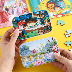 60-piece Iron Box Wooden Puzzle for Kids Early Education Puzzle Kindergarten Gift Creative Cartoon Brain-Teasing Flat Toy