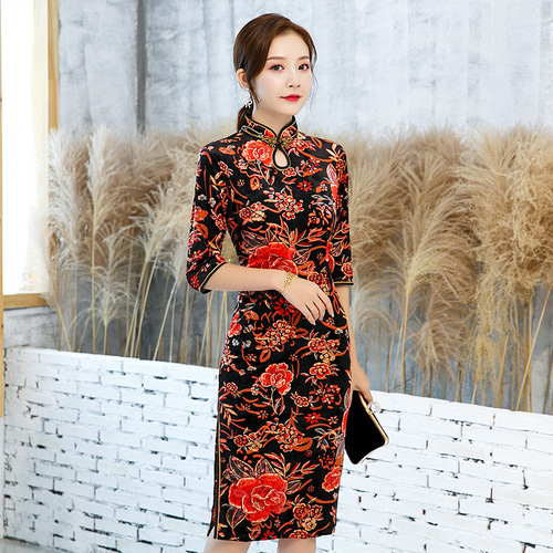 Chinese Dress Qipao for women Long sleeve rotten velvet cheongsam dress Republic of China cheongsam dress